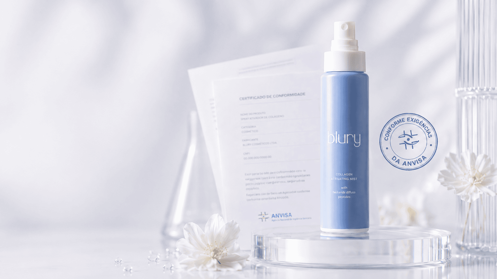 Spray Ativador de Colágeno da Blury ao lado do documento de regularização e do selo da Anvisa, com folhas e vidraria de laboratório sobre fundo claro.